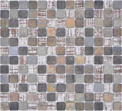Mosaik Quadrat Crystal/Stein mix rustikal Glas Naturstein Fliesenspiegel, Mosaikstein Format: 23x23x8 mm, Bogengröße: 300x325 mm, 1 Bogen/Matte von conwire