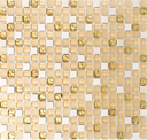 Mosaik Quadrat Crystal/Stein mix weiß matt/gold Glas Naturstein Fliesenspiegel, Mosaikstein Format: 15x15x8 mm, Bogengröße: 322x305 mm, 10 Bögen von Mosaik-Netzwerk