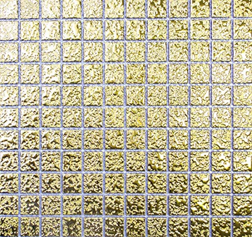 Mosaik Quadrat uni gold gehämmert Keramik Mosaik, Mosaikstein Format: 25x25x6 mm, Mattengröße: 330x302 mm, 1 Mosaikmatte von Mosaik-Netzwerk