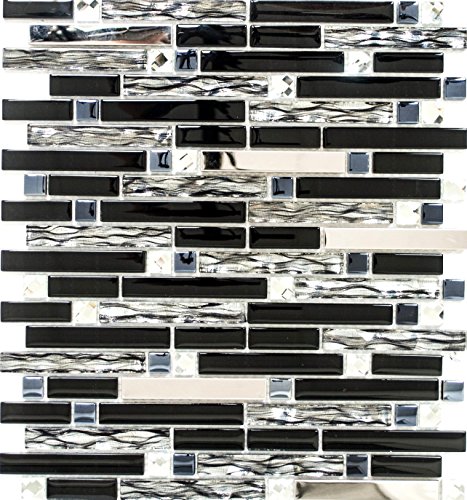 Mosaik Verbund Crystal/Edelstahl mix schwarz/Glas Metall Mix Fliesenspiegel, Mosaikstein Format: 15x48/98/148x8 mm, Bogengröße: 298x338 mm, 10 Bögen von conwire