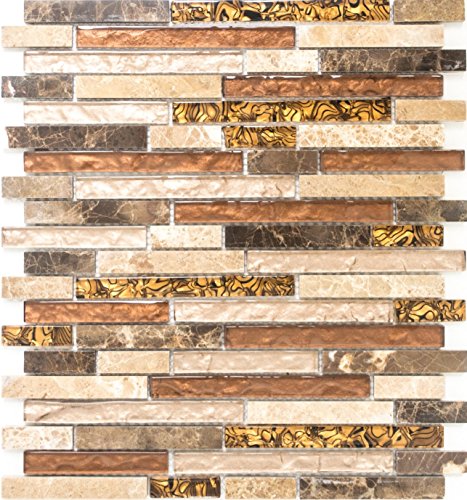 Glasmosaik Verbund Crystal/Marmor mix beige/braun Naturstein Fliesenspiegel, Mosaikstein Format: 15x48/98/148x8 mm, Bogengröße: 298x338 mm, 10 Bögen von Mosaik-Netzwerk