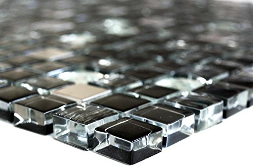 Glasmosaik Quadrat Crystal/Edelstahl mix schwarz/Glas Transluzent Transparent 3D, Mosaikstein Format: 15x15x8 mm, Bogengröße: 300x300 mm, 1 Bogen/Matte von Mosaik-Netzwerk