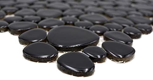 Kieselmosaik uni schwarz glänzend (mit weiß) Keramik Drops Pebbles Fliesenspiegel, Mosaikstein Format: d=5 mm, Bogengröße: 60 x 100 mm, 1 Handmuster ca. 6x10 cm von Mosaik-Netzwerk