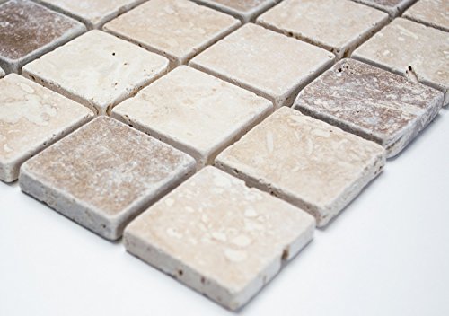 Mosaik Quadrat Chiaro + Noche Travertin Naturstein Küche, Mosaikstein Format: 48x48x10 mm, Bogengröße: 60 x 100 mm, 1 Handmuster ca. 6x10 cm von Mosaik-Netzwerk