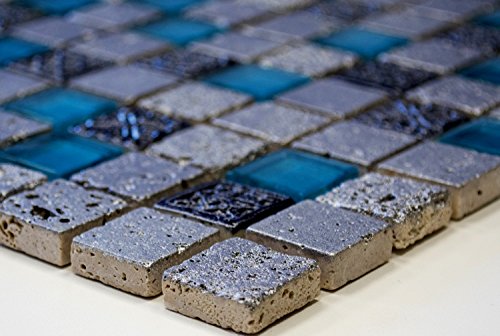Mosaik Quadrat Crystal/Stein/Resin mix blau Glasmosaik Rustikal, Mosaikstein Format: 23x23x8 mm, Bogengröße: 60 x 100 mm, 1 Handmuster ca. 6x10 cm von Mosaik-Netzwerk