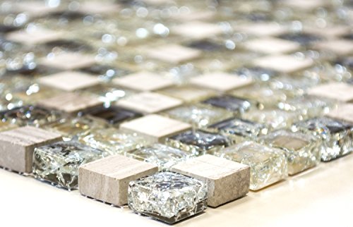 Mosaik Quadrat Crystal/Stein mix graugrün Glasmosaik Transluzent Transparent 3D, Mosaikstein Format: 15x15x8 mm, Bogengröße: 60 x 100 mm, 1 Handmuster ca. 6x10 cm von Mosaik-Netzwerk