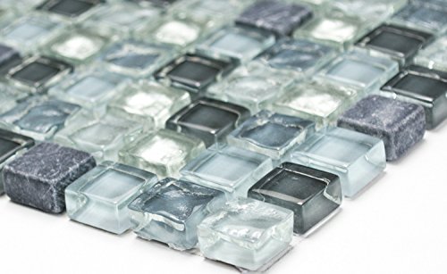 Mosaik Quadrat Crystal/Stein mix klar/grau/silber Glas Naturstein Fliesenspiegel, Mosaikstein Format: 15x15x8 mm, Bogengröße: 60 x 100 mm, 1 Handmuster ca. 6x10 cm von Mosaik-Netzwerk