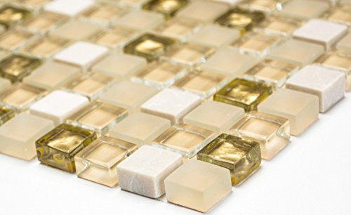 Mosaik Quadrat Crystal/Stein mix weiß matt/gold Glas Naturstein Fliesenspiegel, Mosaikstein Format: 15x15x8 mm, Bogengröße: 60 x 100 mm, 1 Handmuster ca. 6x10 cm von Mosaik-Netzwerk