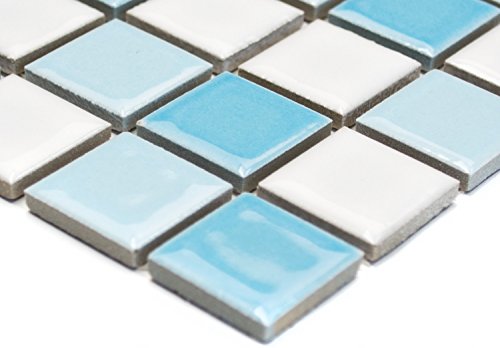 Mosaik Quadrat mix blau/weiß glänzend Keramik, Mosaikstein Format: 25 x 25 mm, Mattengröße: 60 x 100 mm, 1 Handmuster ca. 6x10 cm von Mosaik-Netzwerk