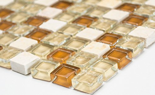 Mosaik Quadrat Crystal/Stein mix beige Glas Naturstein Fliesenspiegel, Mosaikstein Format: 15x15x8 mm, Bogengröße: 60 x 100 mm, 1 Handmuster ca. 6x10 cm von Mosaik-Netzwerk