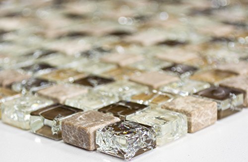 Mosaik Quadrat Crystal/Stein mix emperador hell Glasmosaik Transluzent Transparent 3D, Mosaikstein Format: 15x15x8 mm, Bogengröße: 60 x 100 mm, 1 Handmuster ca. 6x10 cm von Mosaik-Netzwerk