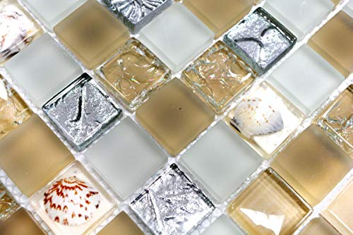 Mosaik Quadrat Crystal Muschel beige Glasmosaik Transluzent Transparent 3D, Mosaikstein Format: 23x23x8 mm, Bogengröße: 60 x 100 mm, 1 Handmuster ca. 6x10 cm von Mosaik-Netzwerk