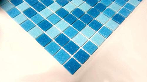 Schwimmbad Mosaik Fliese Poolmosaik Glasmosaik Blau mix hellblau blau Pool Mosaik Glasmosaik vorderseitig Papier verklebt für Pool in 20x20x4 mm - Handmuster zur Voransicht in ca. 60 x 100 mm von Mosaik-Netzwerk