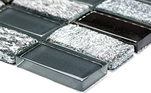 Mosaik Rechteck Crystal/Stein mix grau/schwarz Glas Naturstein Fliesenspiegel, Mosaikstein Format: 25x50x8 mm, Bogengröße: 60 x 100 mm, 1 Handmuster ca. 6x10 cm von Mosaik-Netzwerk