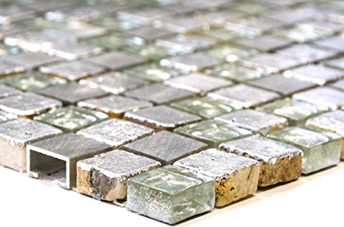 Mosaik Quadrat Crystal/Alu/Resin mix silber Aluminium Metall, Mosaikstein Format: 15x15x8 mm, Bogengröße: 60 x 100 mm, 1 Handmuster ca. 6x10 cm von Mosaik-Netzwerk