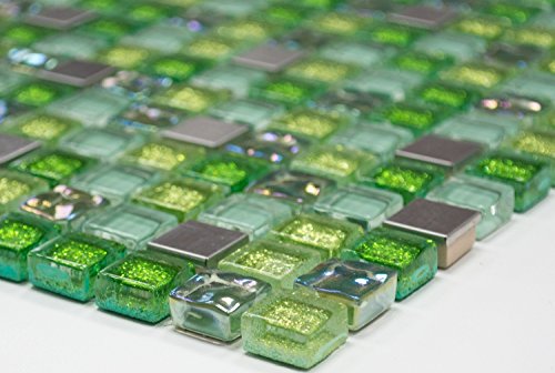 Mosaik Quadrat Crystal/Stahl mix grün Glasmosaik Transluzent Transparent 3D, Mosaikstein Format: 15x15x8 mm, Bogengröße: 60 x 100 mm, 1 Handmuster ca. 6x10 cm von Mosaik-Netzwerk