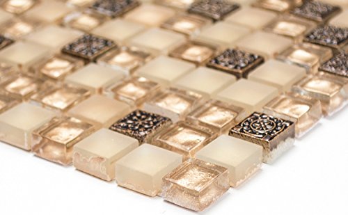 Mosaik Quadrat Crystal/Stein/Resin mix beige/beige matt Glas Naturstein Ornament Fliesenspiegel, Mosaikstein Format: 15x15x8 mm, Bogengröße: 60 x 100 mm, 1 Handmuster ca. 6x10 cm von Mosaik-Netzwerk