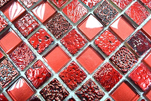 Mosaik Quadrat Crystal/Stein/Resin mix rot Glas Naturstein Ornament Fliesenspiegel, Mosaikstein Format: 23x23x8 mm, Bogengröße: 60 x 100 mm, 1 Handmuster ca. 6x10 cm von Mosaik-Netzwerk