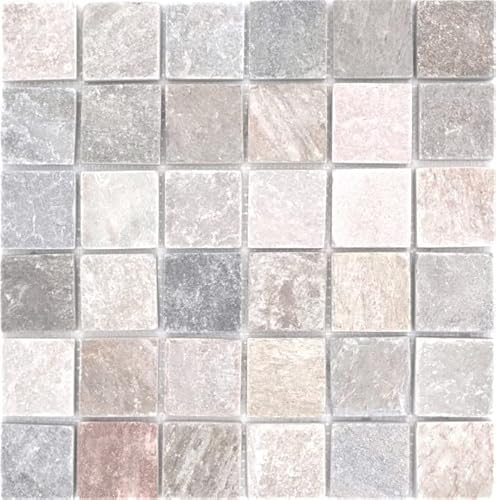 Mosaik Quarzit beige grau Naturstein Küche Mosaikstein Format 48x48x10 mm Mosaikmatte 305x305 mm - 1 Matte - Küchenrückwand Fliesenspiegel Küche Bad Dusche Duschboden Duschwand Duschtasse von Mosaik-Netzwerk