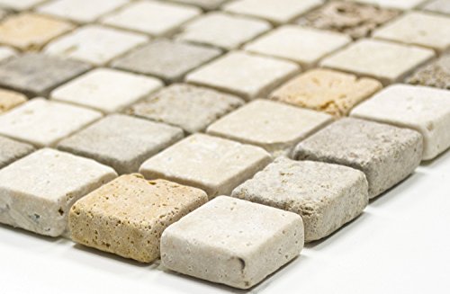 Mosaik Quadrat Travertin Tumbled Travertin Naturstein Küche, Mosaikstein Format: 23x23x10 mm, Bogengröße: 60 x 100 mm, 1 Handmuster ca. 6x10 cm von Mosaik-Netzwerk