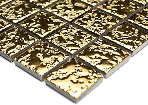 Mosaik Quadrat uni gold gehämmert Keramik, Mosaikstein Format: 25x25x6 mm, Mattengröße: 60 x 100 mm, 1 Handmuster ca. 6x10 cm von Mosaik-Netzwerk