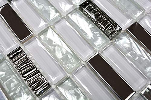 Mosaik Stäbchen Crystal/Edelstahl mix weiß Glasmosaik Transluzent Transparent 3D, Mosaikstein Format: 15x48x8 mm, Bogengröße: 60 x 100 mm, 1 Handmuster ca. 6x10 cm von Mosaik-Netzwerk