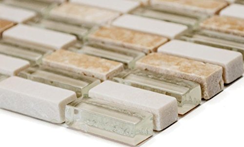 Mosaik Stäbchen Crystal/Stein mix beige Glas Naturstein Fliesenspiegel, Mosaikstein Format: 10,5x11x8,5 mm, Bogengröße: 60 x 100 mm, 1 Handmuster ca. 6x10 cm von Mosaik-Netzwerk