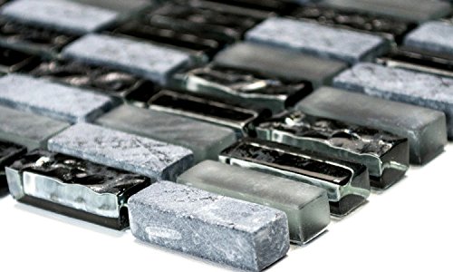 Mosaik Stäbchen Crystal/Stein mix grau matt/schwarz Glas Naturstein Fliesenspiegel, Mosaikstein Format: 10x30x8 mm, Bogengröße: 313x318 mm, 1 Bogen/Matte von conwire
