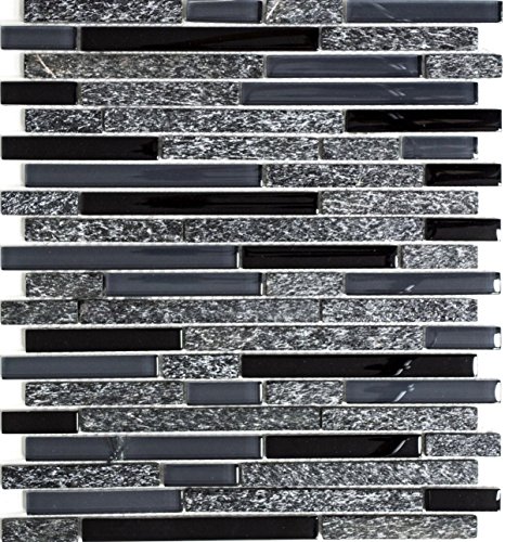 Mosaik Verbund Crystal/Stein mix grau/schwarz Glasmosaik Transluzent Transparent 3D, Mosaikstein Format: 15x48/98/148x8 mm, Bogengröße: 298x338 mm, 10 Bögen von Mosaik-Netzwerk