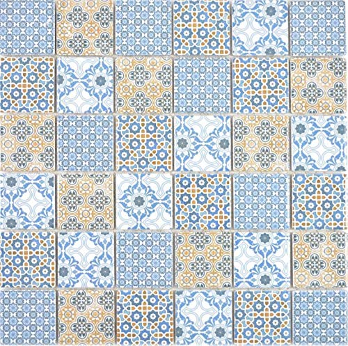 Mosaikfliese blau orange weiß retro vintage viktorianisch ornament Küche Wandverkleidung Küchenfliese Mosaikwand Küchenrückwand Fliesenspiegel von conwire