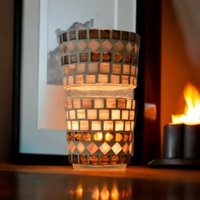 Handgefertigtes Windlicht Weiß Gold Braun 14 cm Hoch Teelichthalter Kerzenhalter von Mosaikkasten