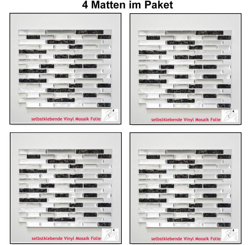 Mosani Fliesenaufkleber 4 Stk. selbstklebende Vinyl Mosaik Stäbchen Klebefolie (Set, 4-teilig), Spritzwasserbereich geeignet, Küchenrückwand Spritzschutz von Mosani