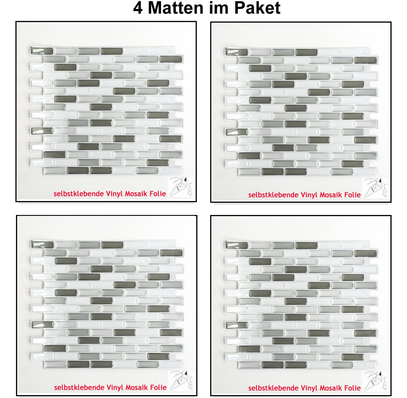 Mosani Fliesenaufkleber 4 Stk. selbstklebende Vinyl Mosaik Stäbchen Klebefolie (Set, 4-teilig), Spritzwasserbereich geeignet, Küchenrückwand Spritzschutz von Mosani