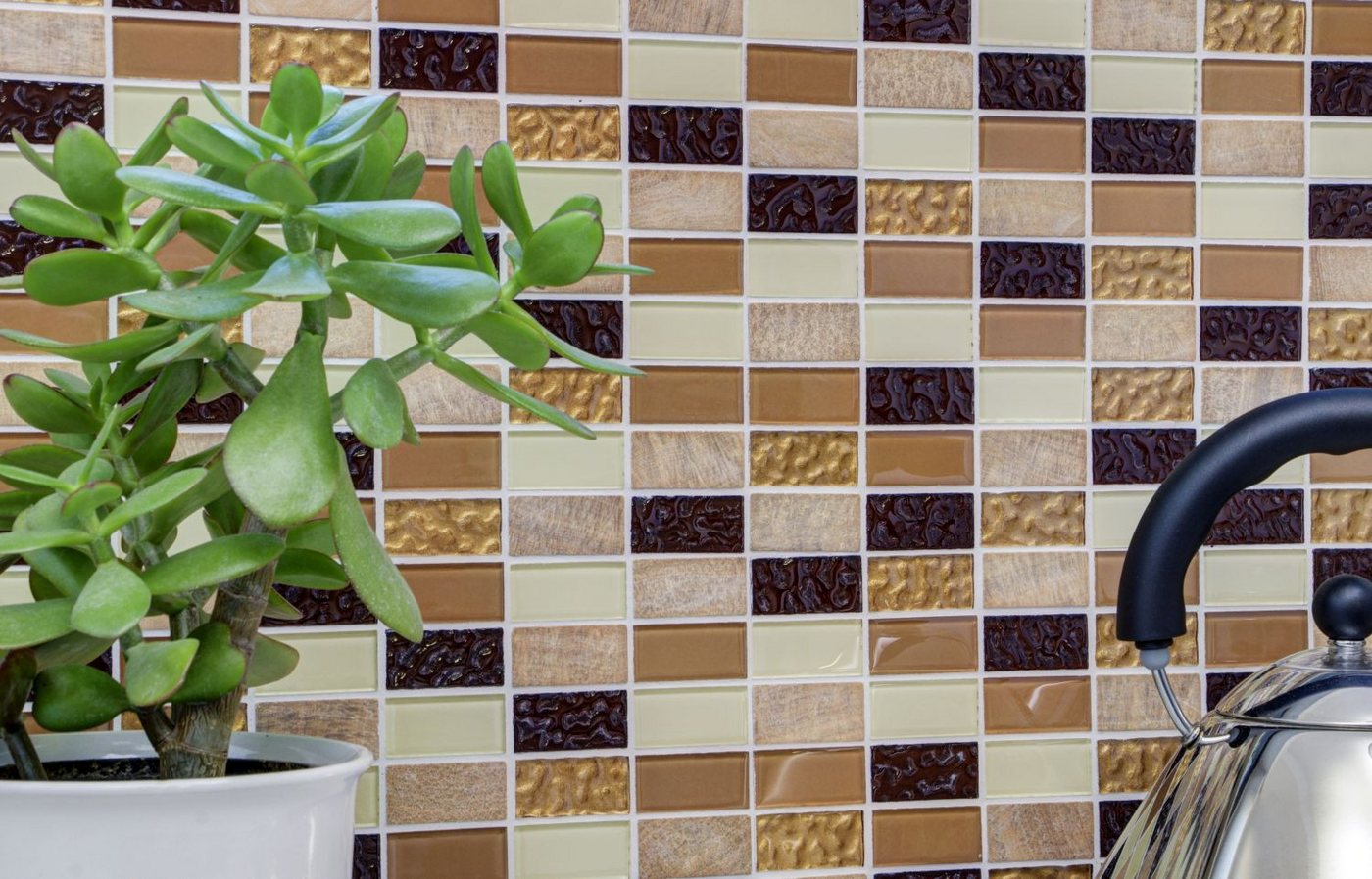 Mosani Mosaikfliesen 10 Stk. selbst­kle­bende Naturstein Glas Fliesen, Beige Braun Gold, 10-teilig = 09,m², Set, Spritzwasserbereich geeignet, Küchenrückwand Spritzschutz von Mosani