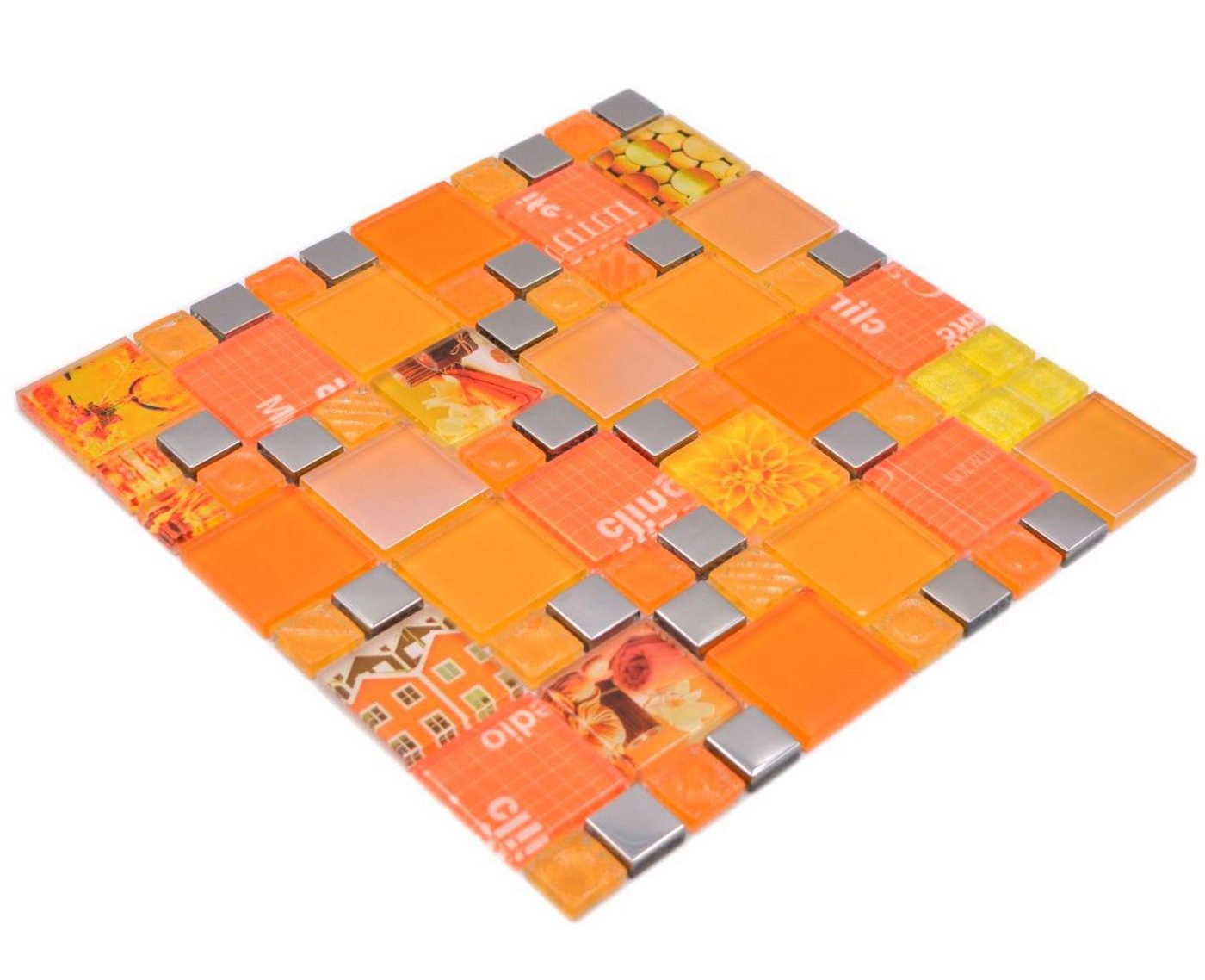 Mosani Mosaikfliesen Glasmosaik Crystal Mosaik silber orange glänzend / 10 Matten von Mosani