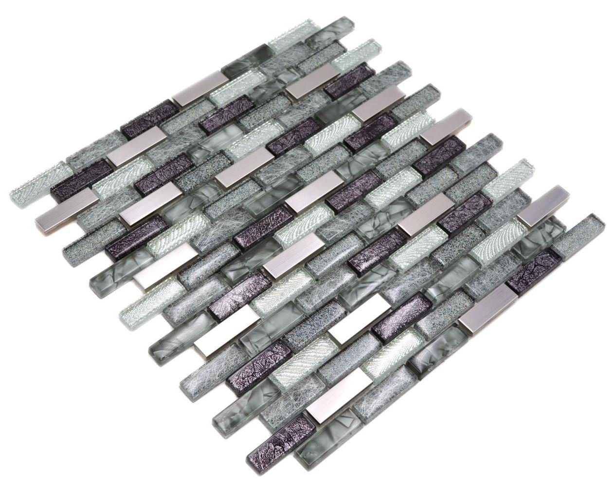 Mosani Mosaikfliesen Glasmosaik Edelstahl Mosaik silber grau schwarz glänzend / 10 Matten von Mosani