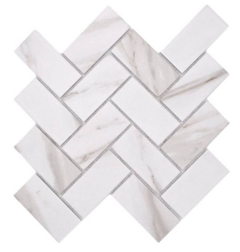 Mosani Mosaikfliesen Keramik Mosaikfliese Fischgrät Calacatta weiß graubraun von Mosani