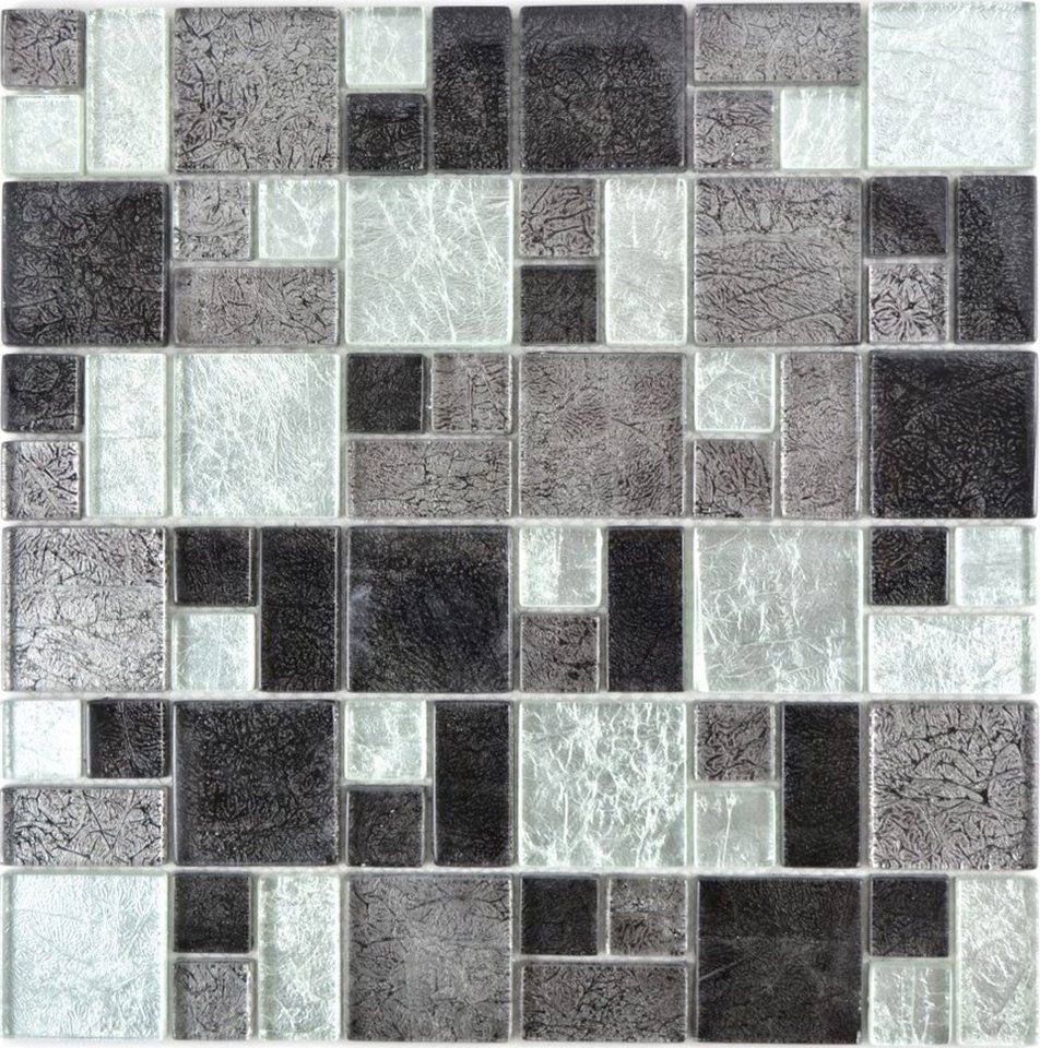Mosani Mosaikfliesen Mosaikfliese Kombination Glasmosaik silber grau schwarz Struktur von Mosani
