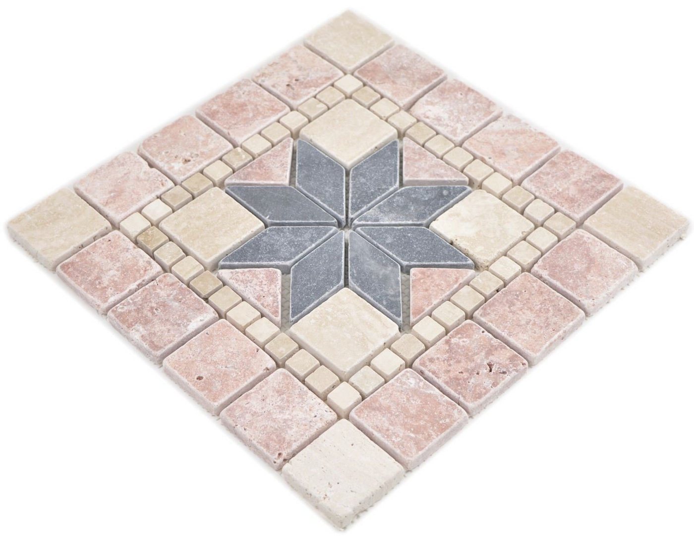 Mosani Mosaikfliesen Rossone Travertin Naturstein beige rot teracotta schwarz Dekor von Mosani