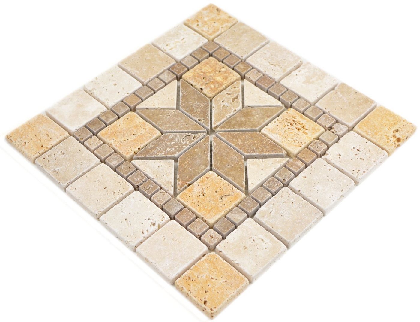 Mosani Mosaikfliesen Einleger Naturstein Dekor gelbgold beige walnussbraun Travertin von Mosani