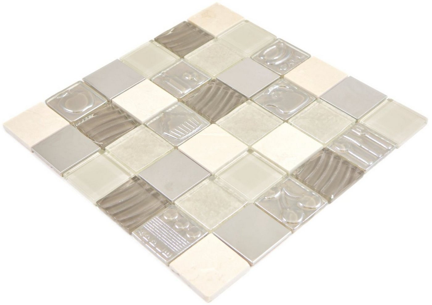 Mosani Mosaikfliesen Glas Mosaikfliesen Steinmosaik Stahl Relief beige cream schlamm von Mosani