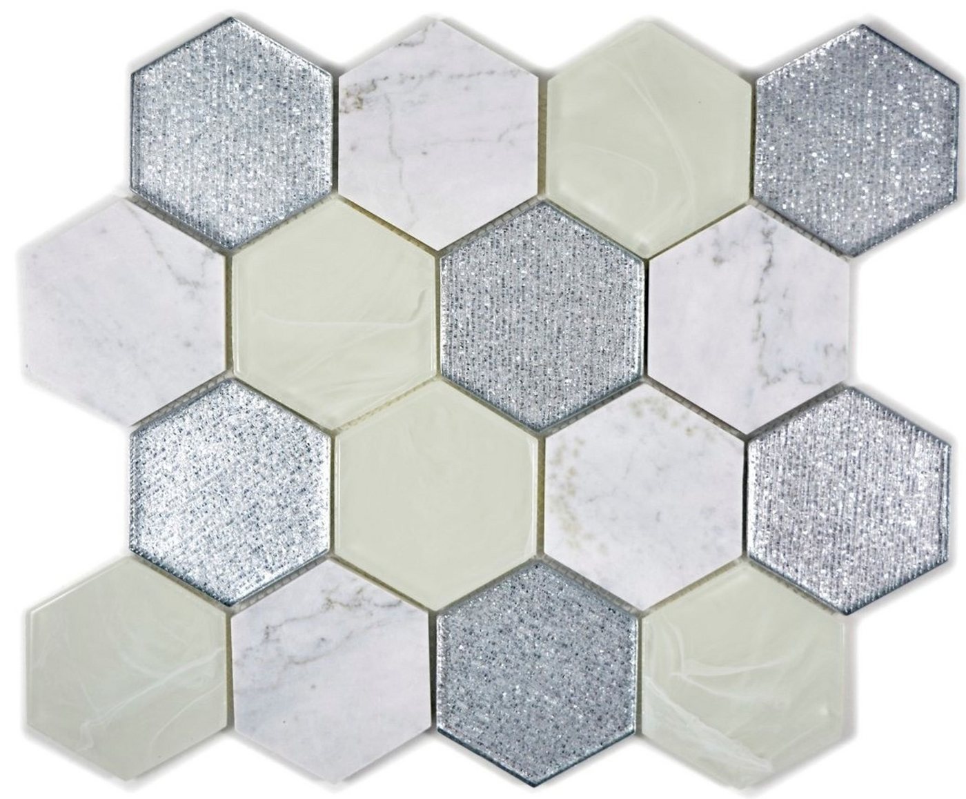 Mosani Marmor Glas Mosaikfliesen Hexagonale Glasmosaik Naturstein Fliesen grau silber, Silber Grün von Mosani