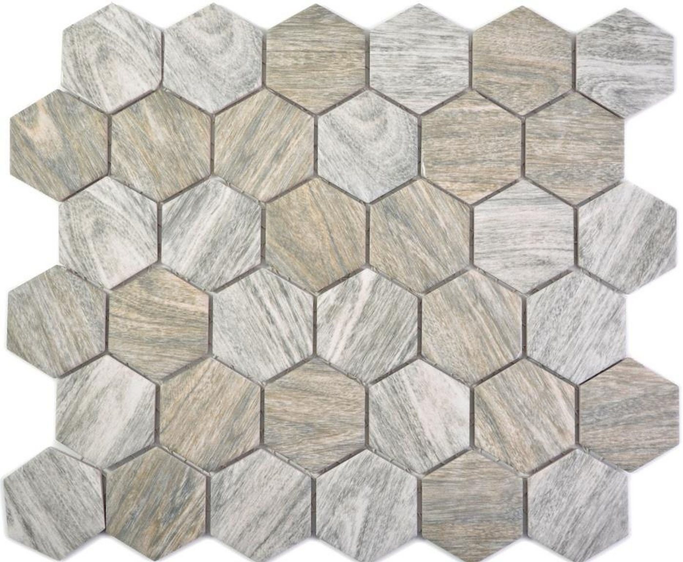 Mosani Mosaikfliesen Hexagonale Sechseck Mosaik Fliese Keramik Holzmaserung grau braun von Mosani