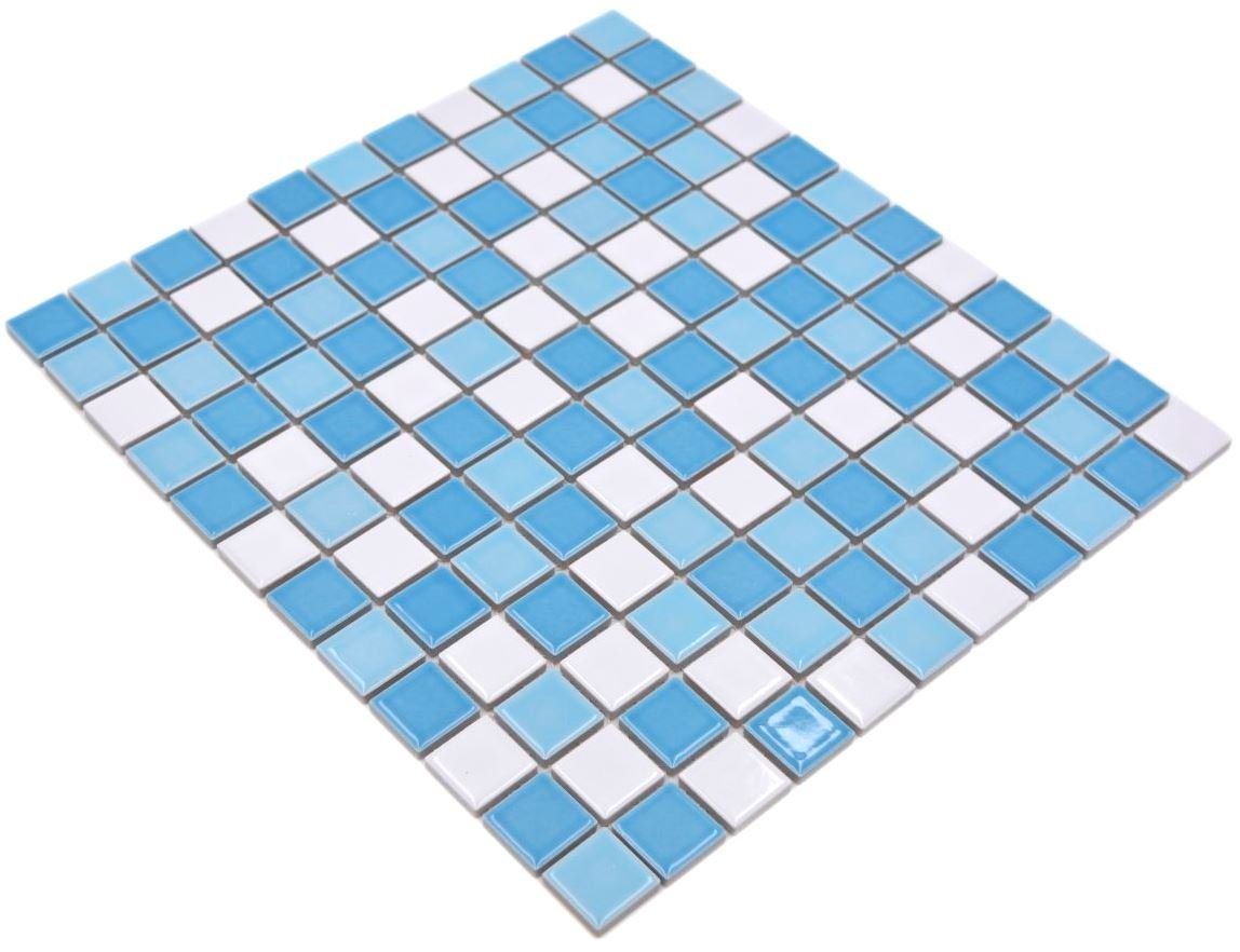 Mosani Mosaikfliesen Keramik Mosaik Schwimmbadmosaik Fliese blau weiss glänzend Duschwand von Mosani