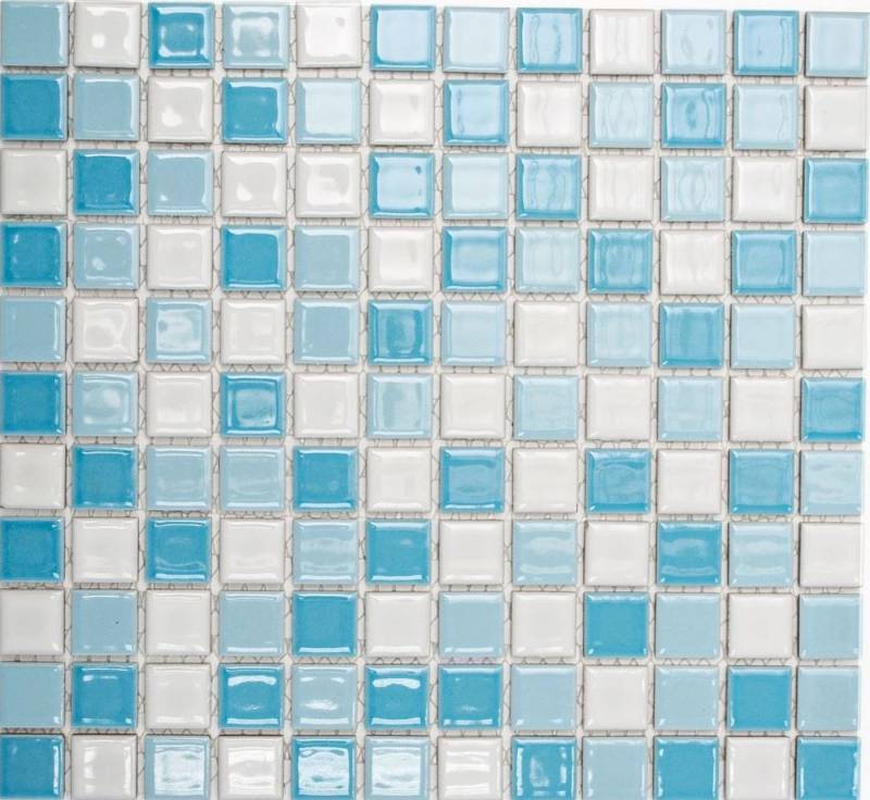 Mosani Mosaikfliesen Keramik Mosaik Schwimmbadmosaik Fliese blau weiss glänzend Duschwand von Mosani