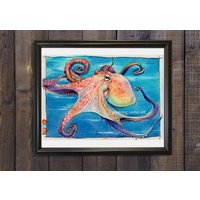 Aquarell Kunstdruck Oktopus Wandkunst Unterwasser Wohndekoration Meer Liebhaber Geschenk Geburtstag Blaue Wand Dekor Fine Art Print Meerleben Kreatur von MoselArtandCarvings