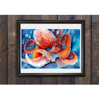 Oktopus Kunstdruck Aquarell Siehe Liebhaber Geschenk Wand Dekor Tier Kunst Unterwasser Druck Illustratio von MoselArtandCarvings