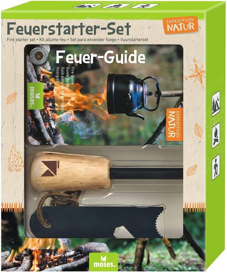 Moses. Verlag Feuerzeug Expedition Natur Feuerstarter-Set, Feuerstahl für Outdoor & Survival (3-St), Magnesium Feuerstarter mit Flaschenöffner Sechskantschlüssel & Guide von Moses. Verlag