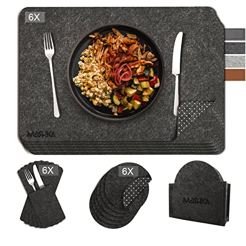 Moshka Premium 19er Set Platzset aus Filz Tischset mit rutschfest platzdeckchen abwaschbar Tisch-Matten Eckige Teller-untersetzer Platz-Matten Filzset Anthrazit mit Zubehör von Moshka