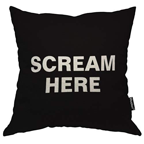 Moslion Throw Kissenbezug Scream Here 18x18 Zoll schwarz weiß Phrase quadratische Kissenbezug für für Zuhause, Auto, Dekoration, Baumwolle Leinen von Moslion